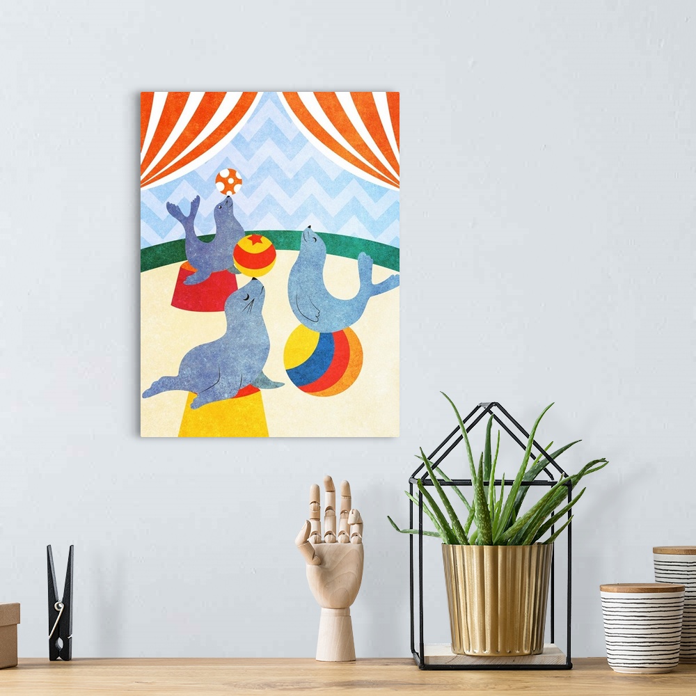 A bohemian room featuring Cute illustration of three performing circus seals.