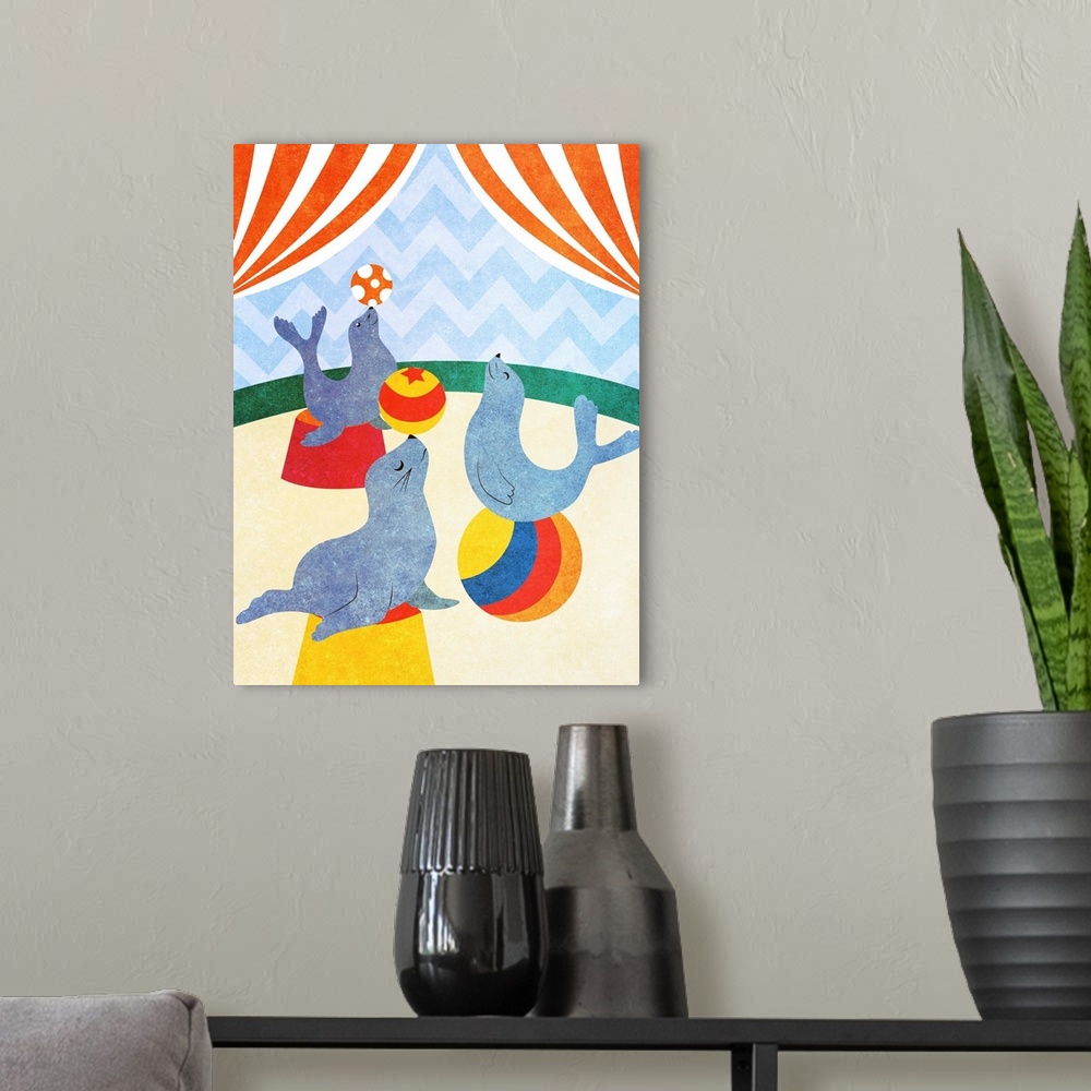 A modern room featuring Cute illustration of three performing circus seals.