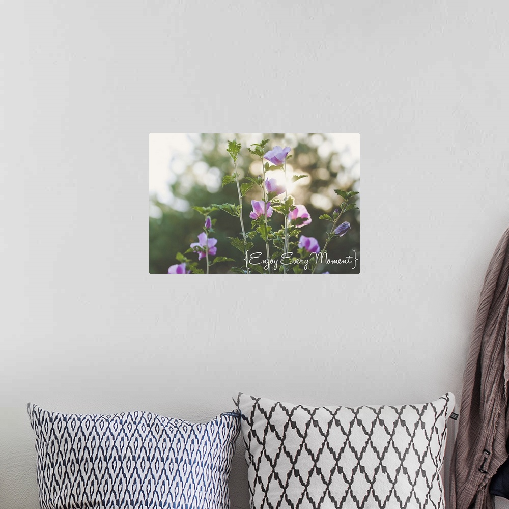 A bohemian room featuring Photograph of small purple flowers with sunlight shining through the trees.