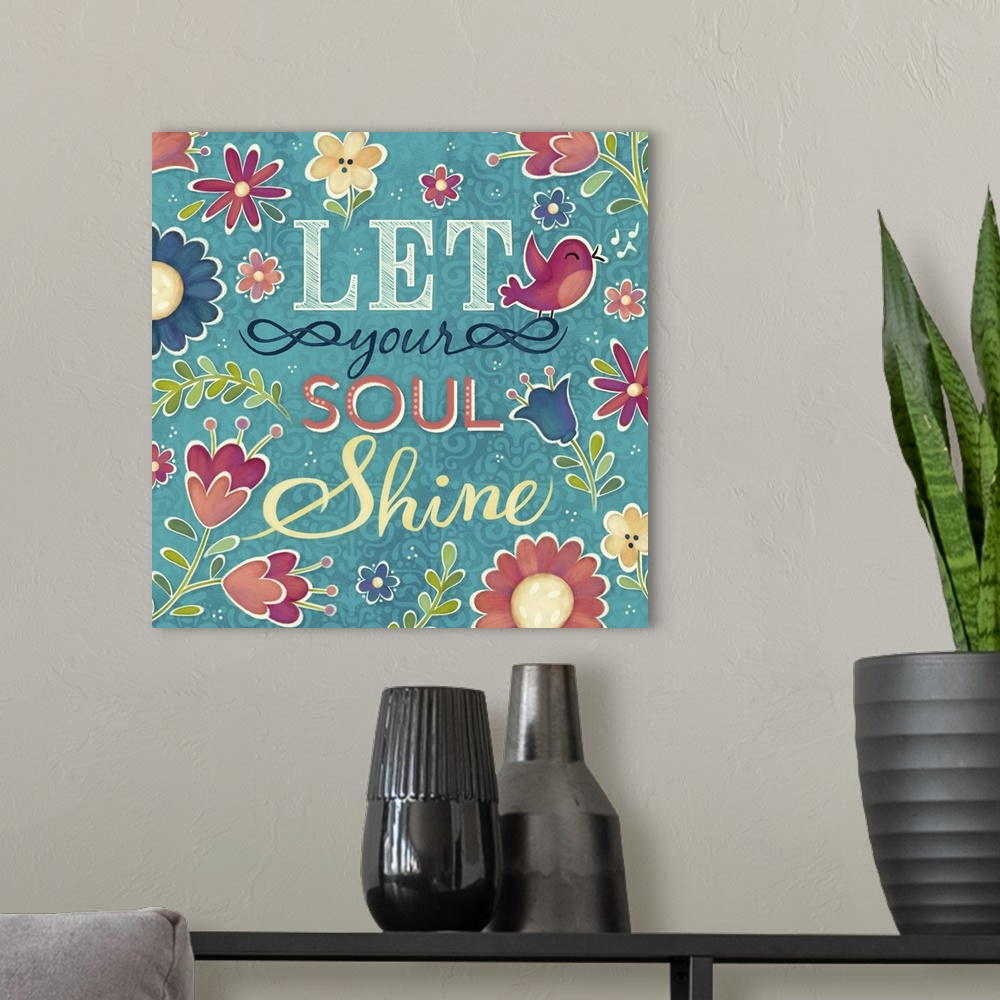 A modern room featuring "Let You Soul Shine" surrounded by flowers and a pink bird.