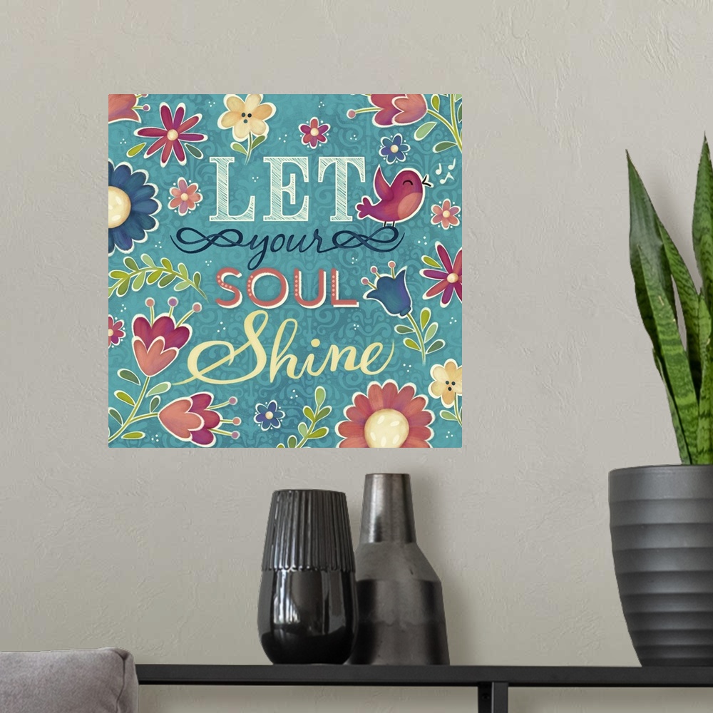 A modern room featuring "Let You Soul Shine" surrounded by flowers and a pink bird.