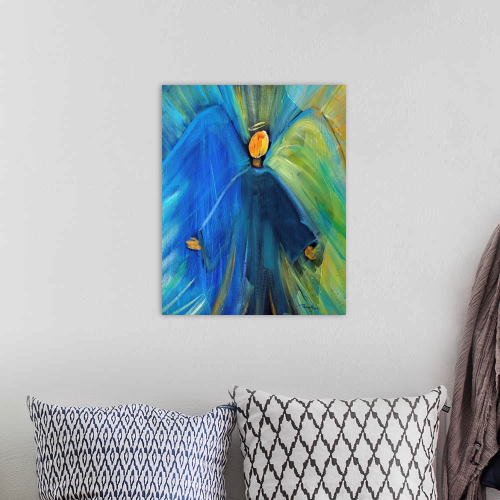 A bohemian room featuring A contemporary painting of a faceless Angel in blue and green.