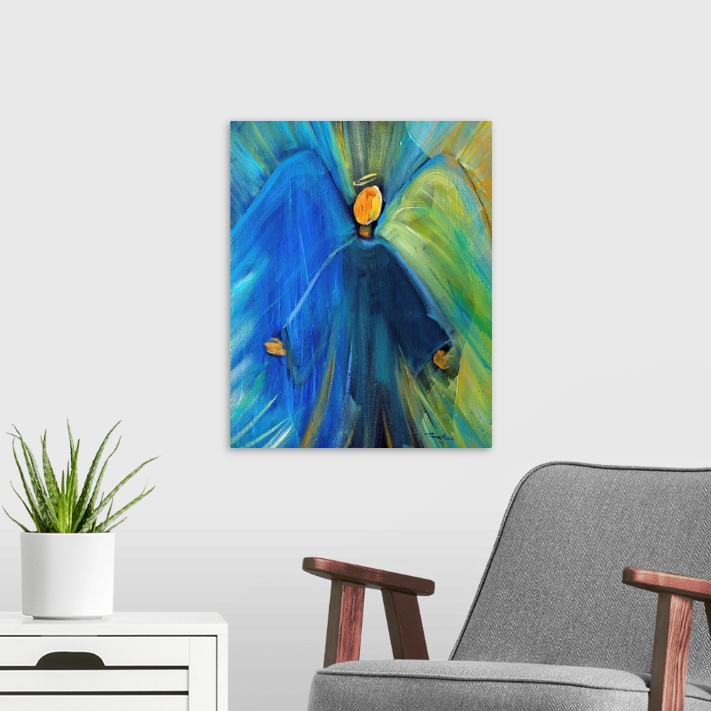 A modern room featuring A contemporary painting of a faceless Angel in blue and green.