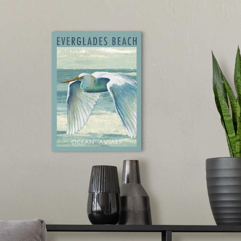 A modern room featuring Painting of a white egret in flight, promoting an Ocean Aviary in the Florida Everglades.