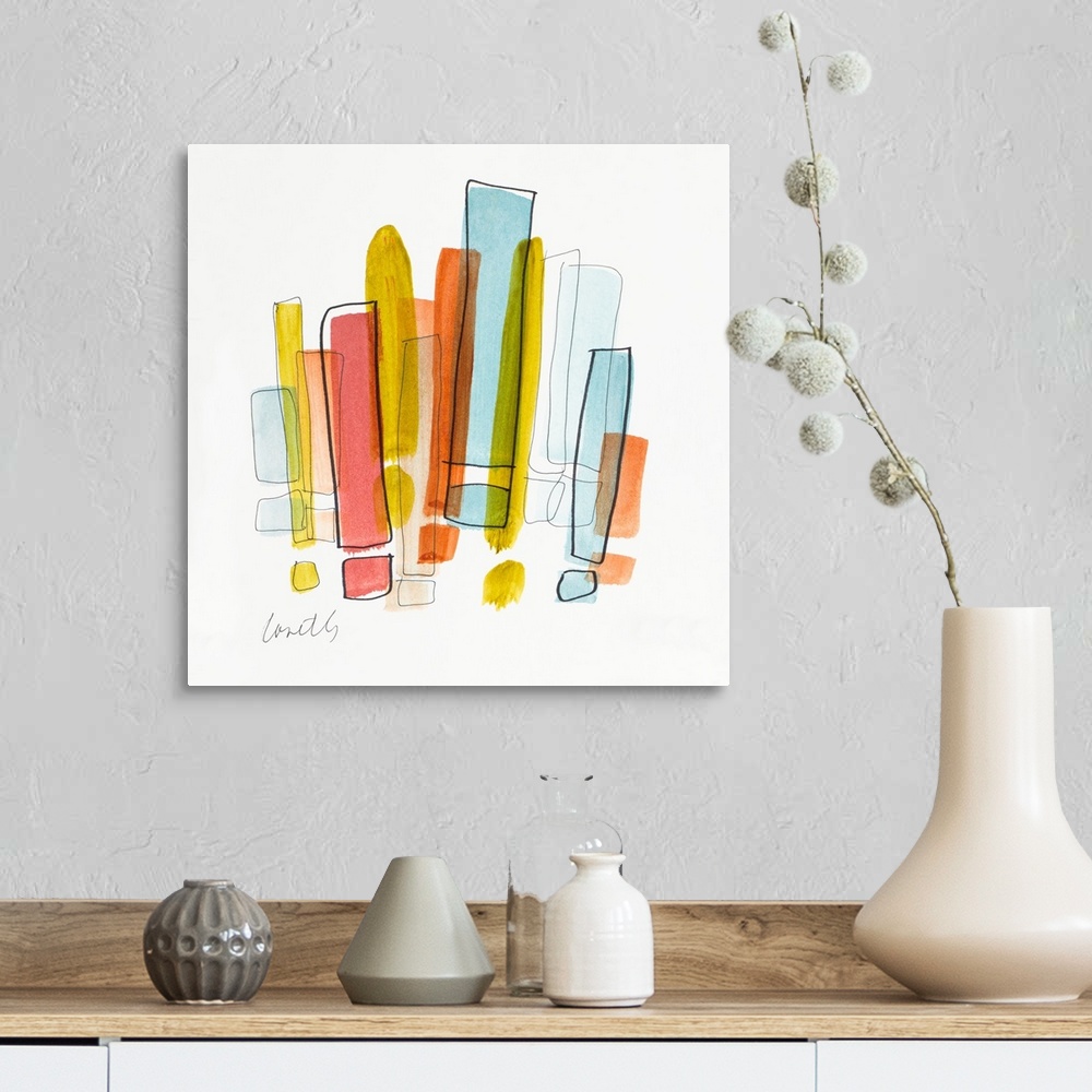 A farmhouse room featuring Contemporary artwork of multicolored exclamation point shapes.