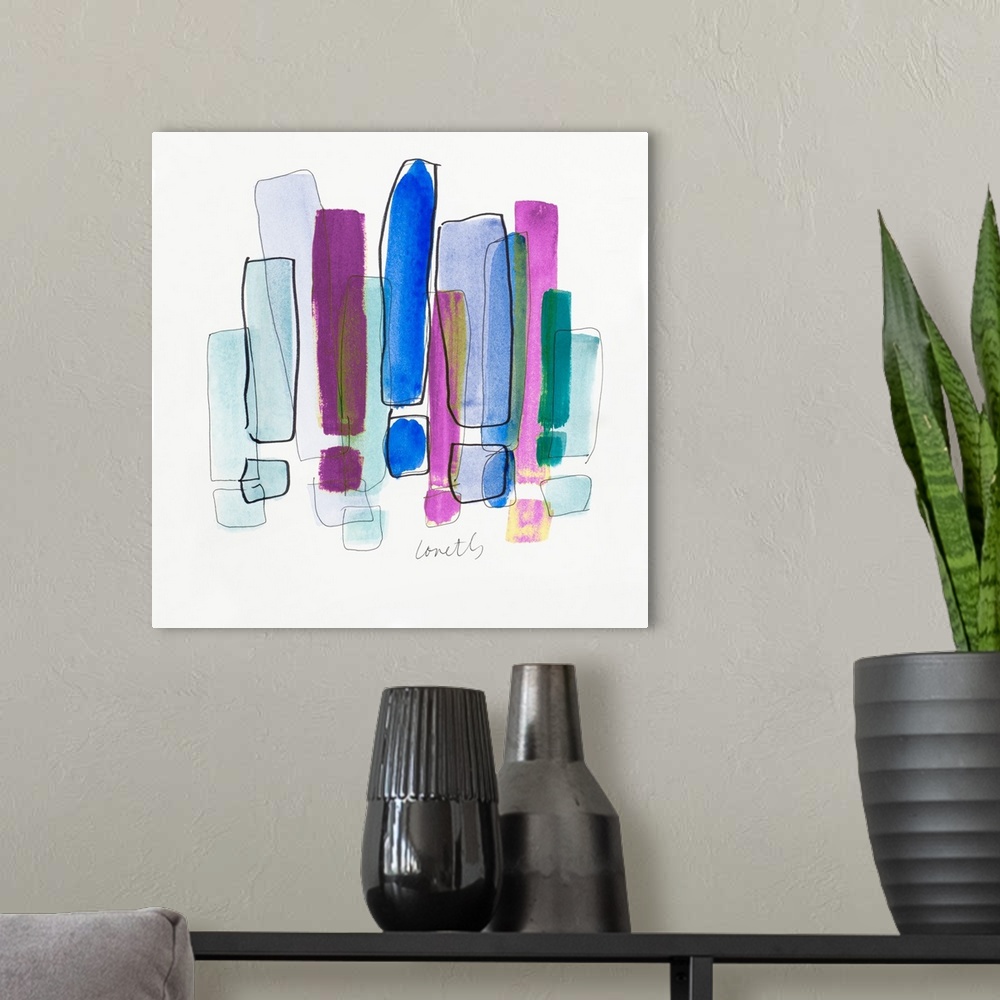A modern room featuring Contemporary artwork of multicolored exclamation point shapes.