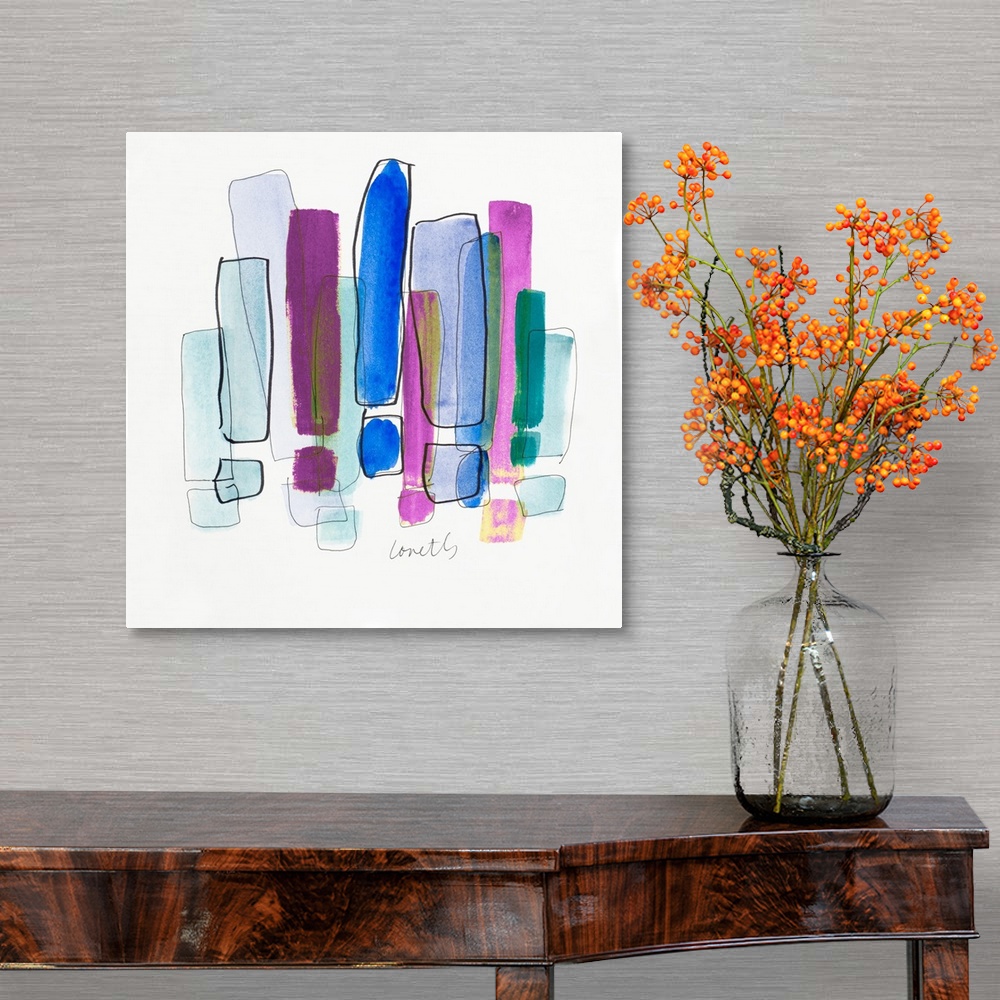 A traditional room featuring Contemporary artwork of multicolored exclamation point shapes.