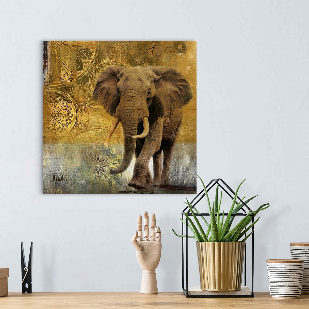 A bohemian room featuring A large elephant walks straight forward with an eclectic design in the background.