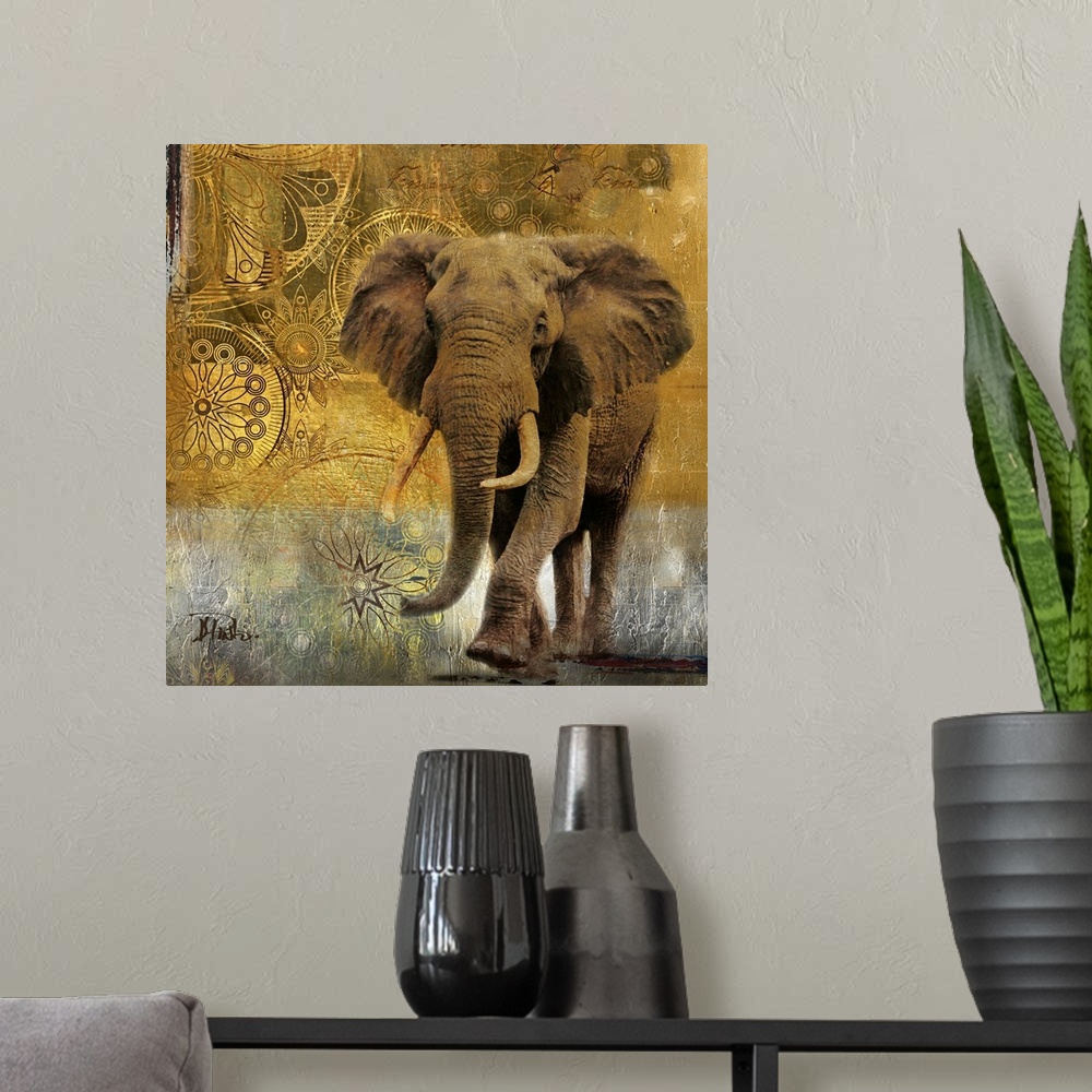 A modern room featuring A large elephant walks straight forward with an eclectic design in the background.