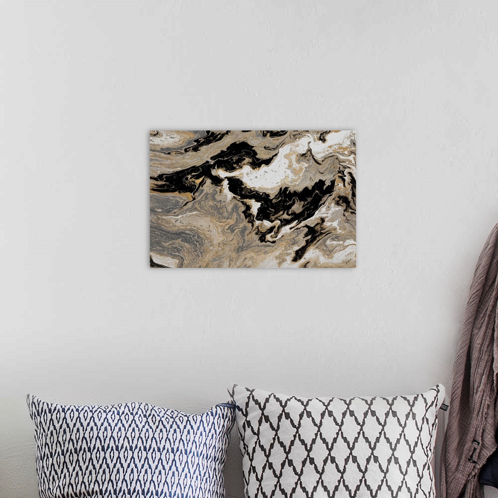 A bohemian room featuring A contemporary abstract painting with brown, gray, black, white and gold hues marbled together.