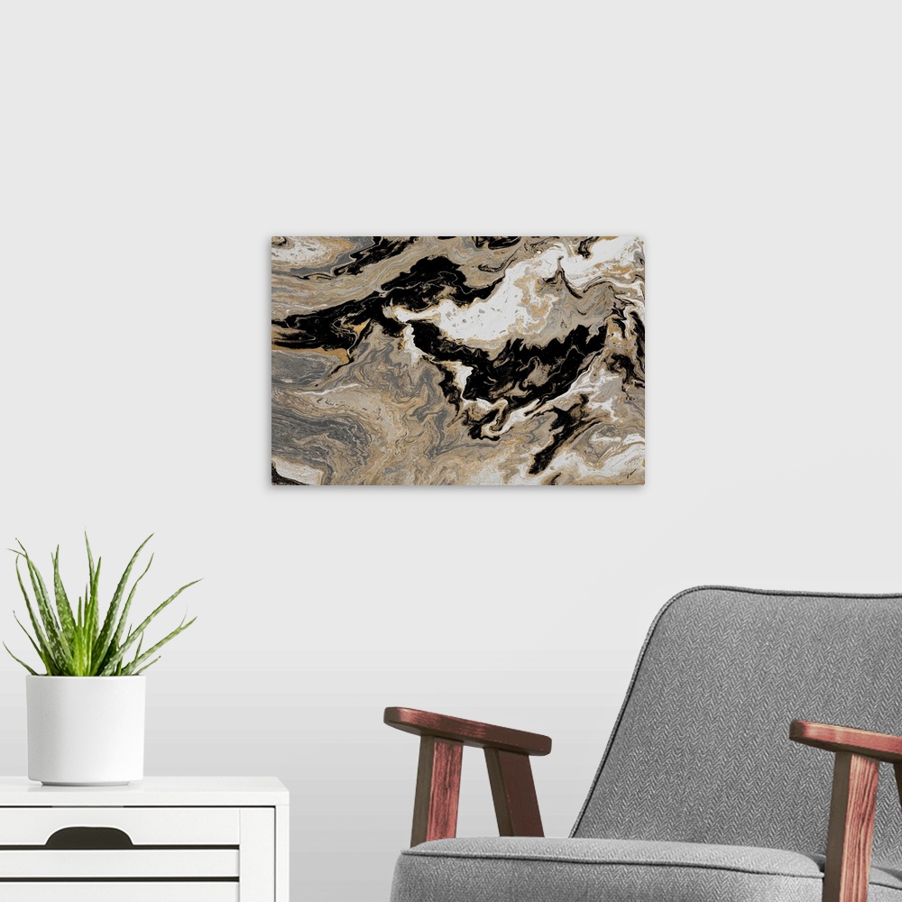 A modern room featuring A contemporary abstract painting with brown, gray, black, white and gold hues marbled together.