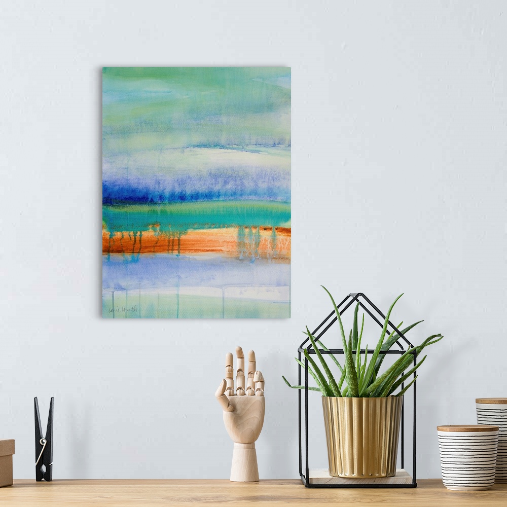 A bohemian room featuring Abstract painting in blue, green, and orange, with dripping paint between the layers.