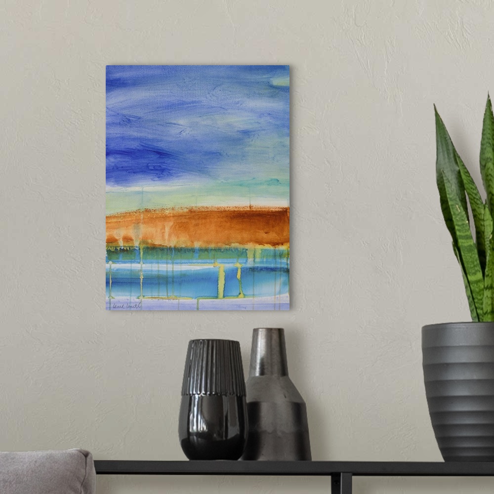 A modern room featuring Abstract painting in blue, green, and orange, with dripping paint between the layers.