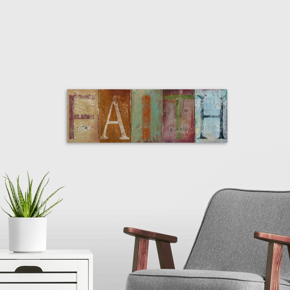 A modern room featuring Long painting on canvas of the letters of the word "faith" on each block of color.