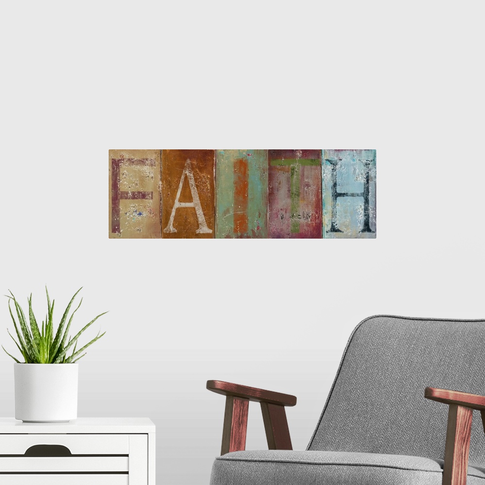 A modern room featuring Long painting on canvas of the letters of the word "faith" on each block of color.