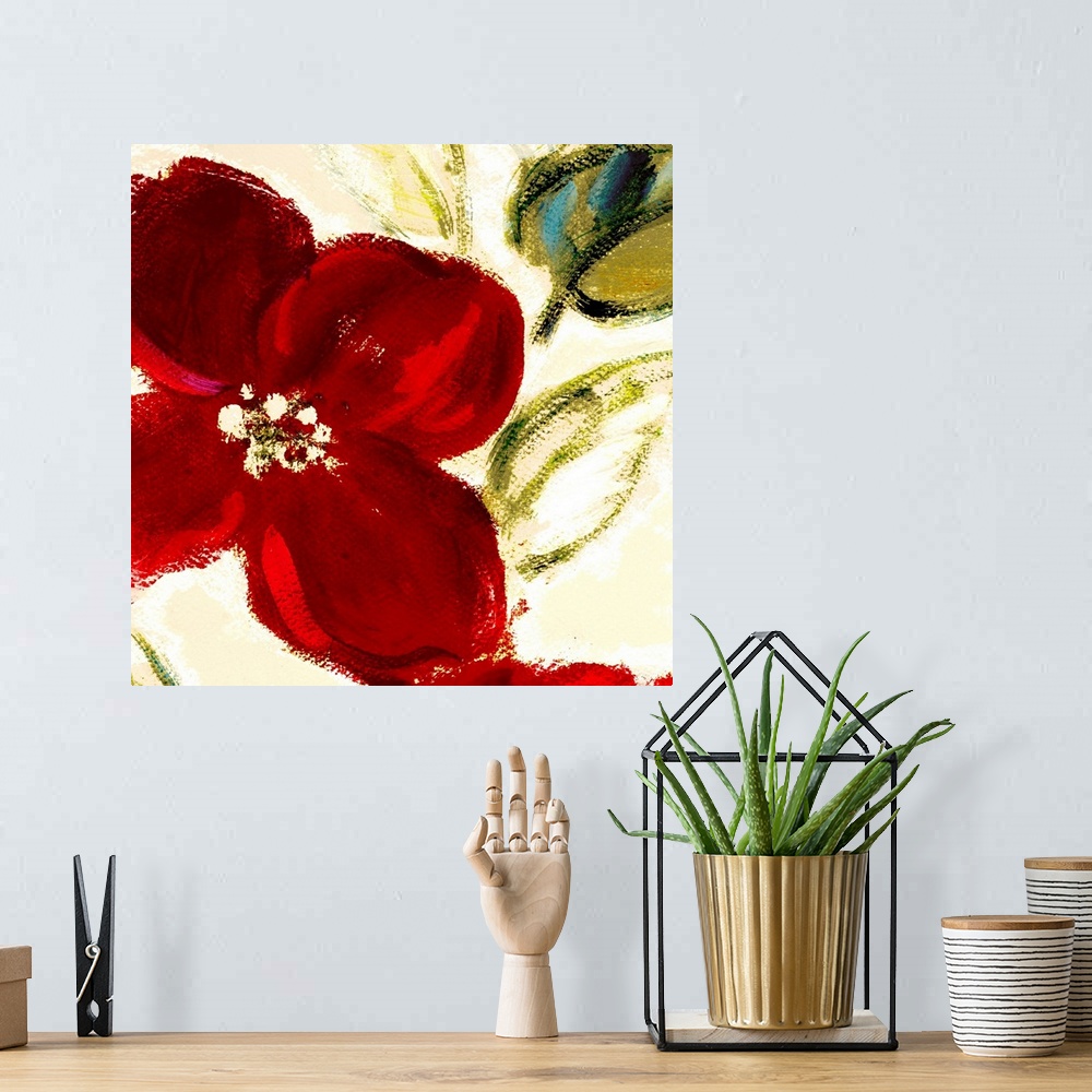 A bohemian room featuring Floral painting of a large blooming red flower with faded brushstrokes of leaves and buds in the ...