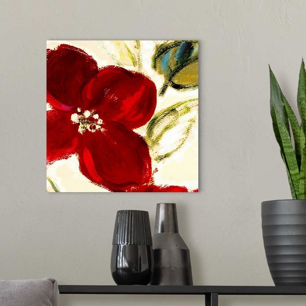 A modern room featuring Floral painting of a large blooming red flower with faded brushstrokes of leaves and buds in the ...