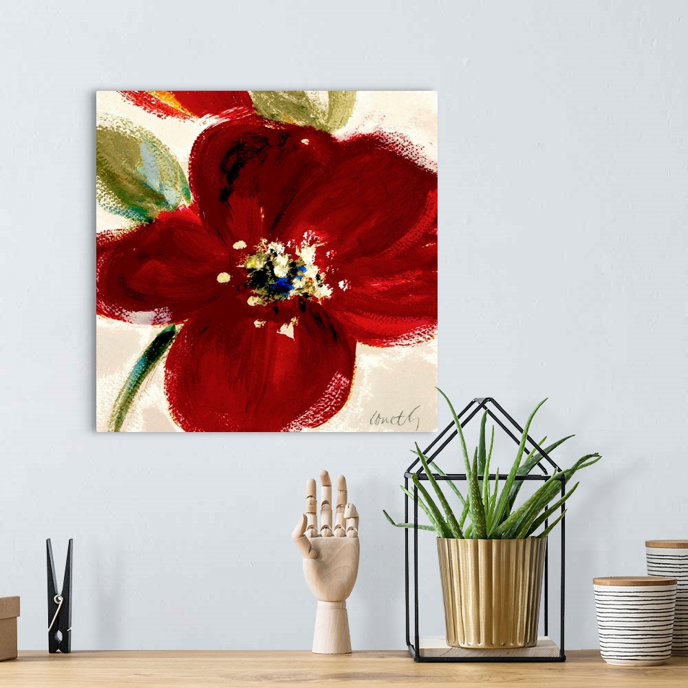 A bohemian room featuring Oversized, square floral painting of a large flower with several leaves on a neutral background. ...