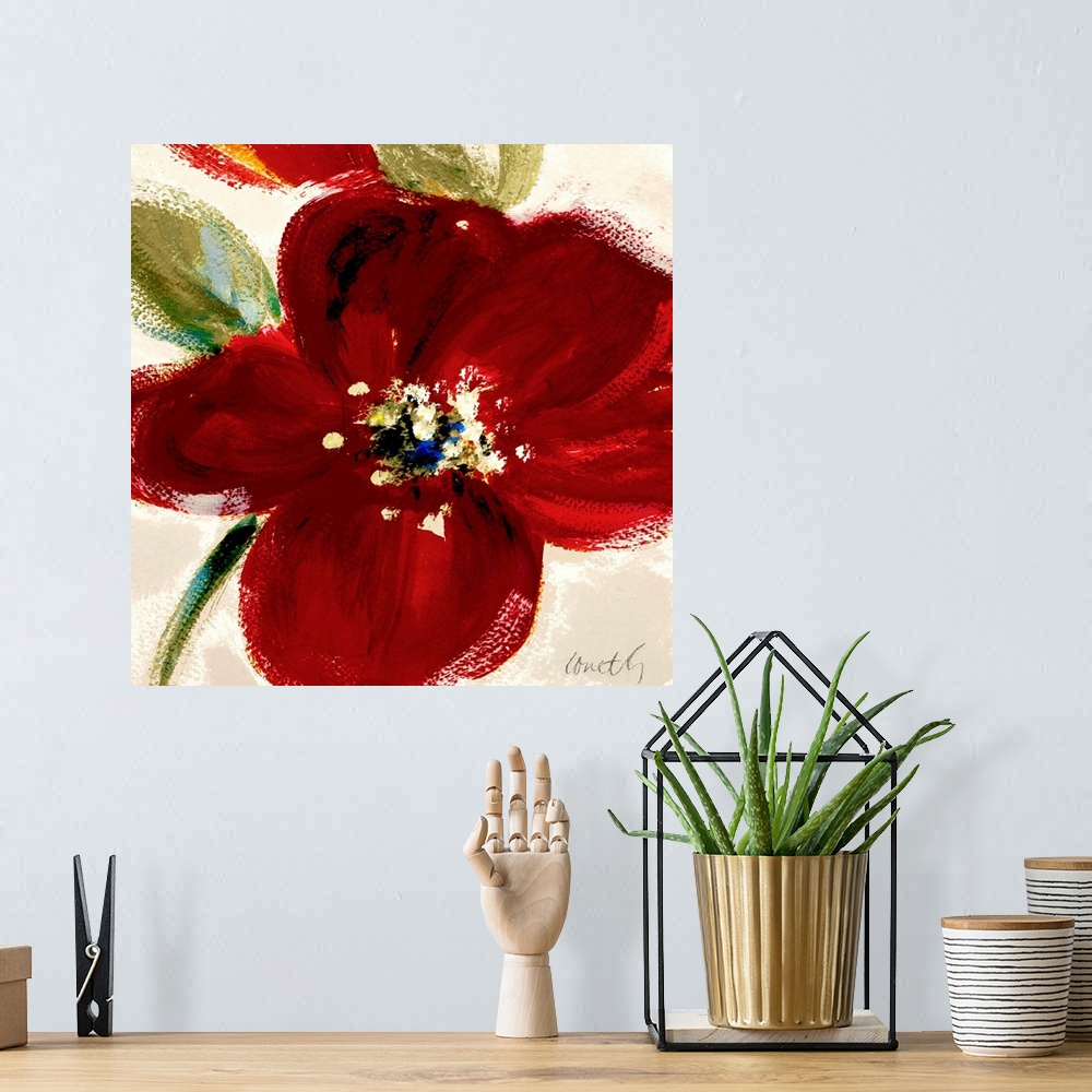 A bohemian room featuring Oversized, square floral painting of a large flower with several leaves on a neutral background. ...