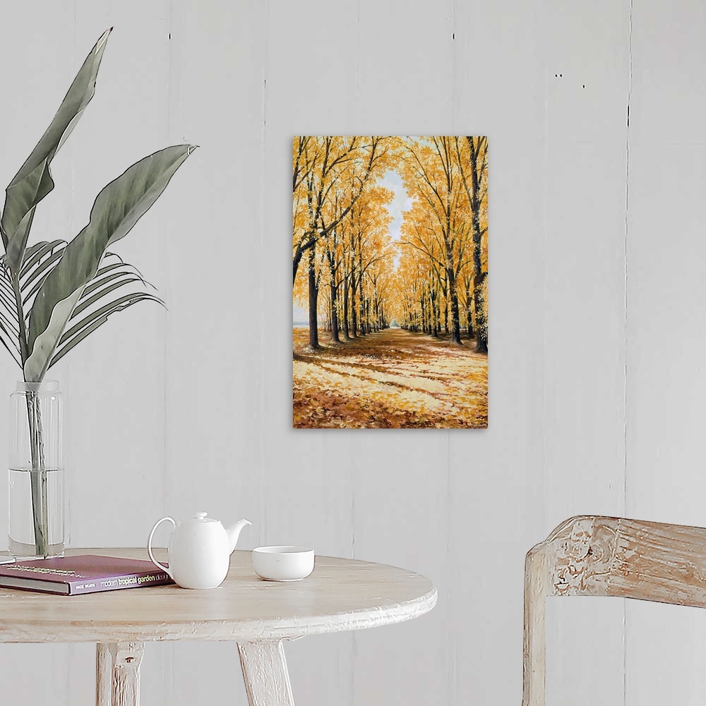 A farmhouse room featuring Large print of a path lined with brightly colored fall trees.