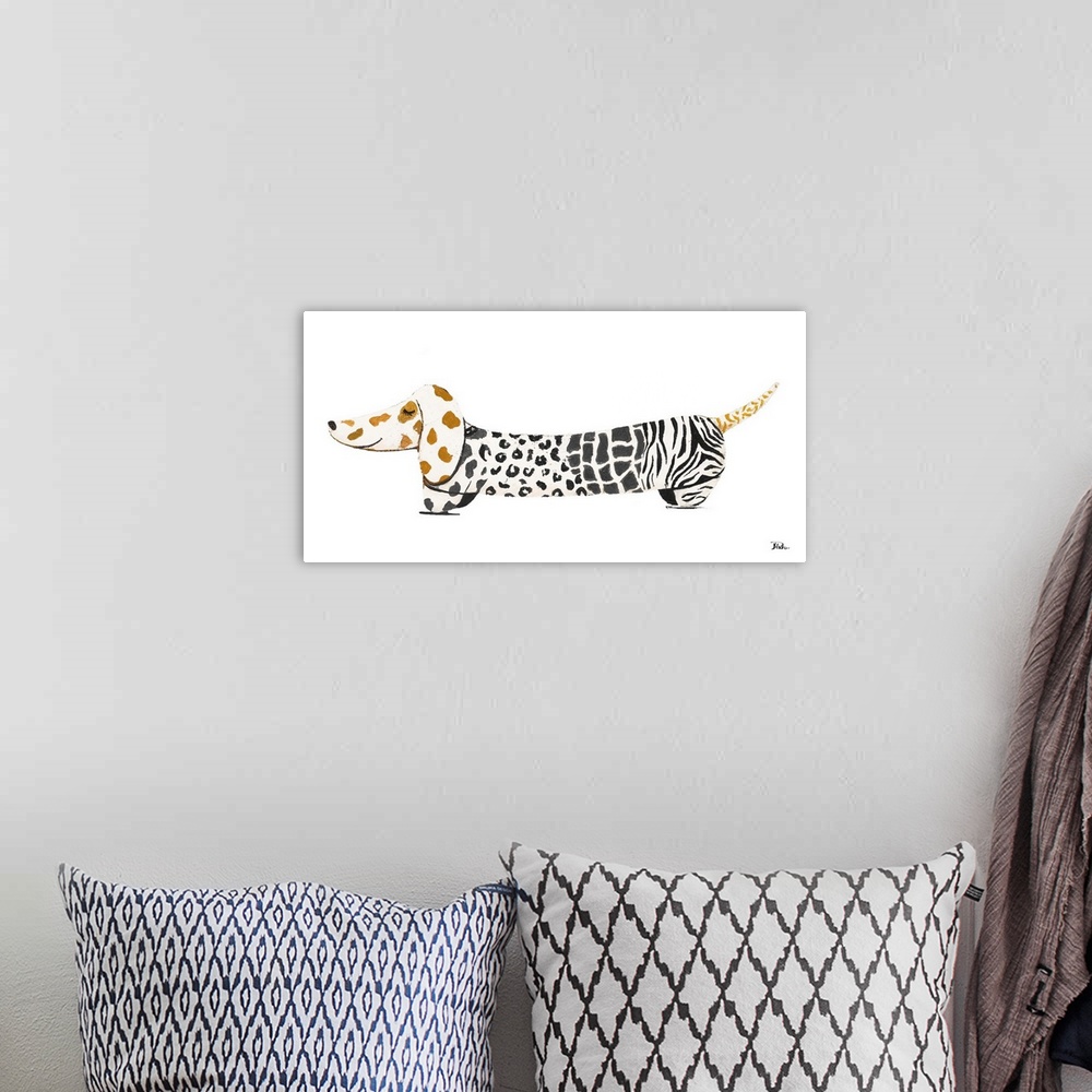 A bohemian room featuring Cute illustration of a dachshund with animal prints.