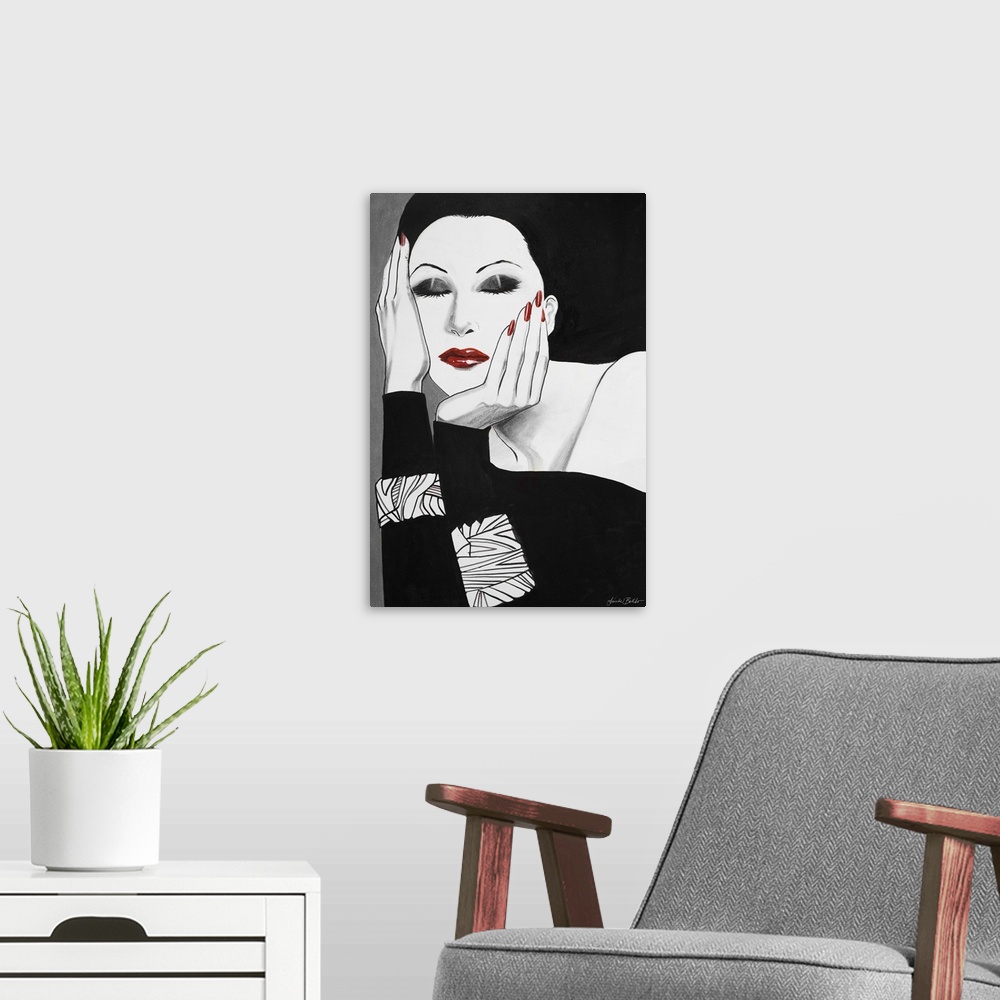 A modern room featuring Fashion artwork of a woman wearing black and holding her face.