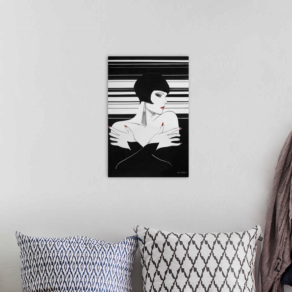 A bohemian room featuring Fashion artwork of a woman with a black bob haircut and wearing a black strapless dress.