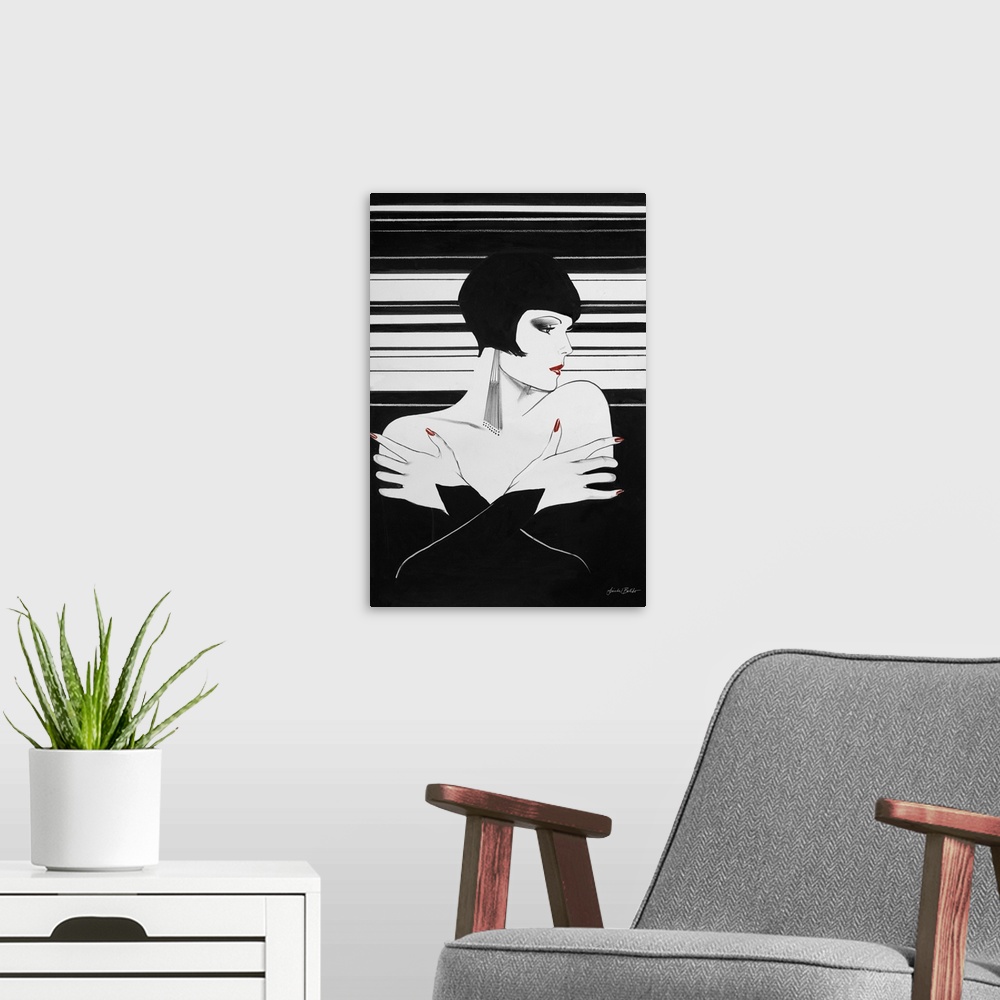 A modern room featuring Fashion artwork of a woman with a black bob haircut and wearing a black strapless dress.