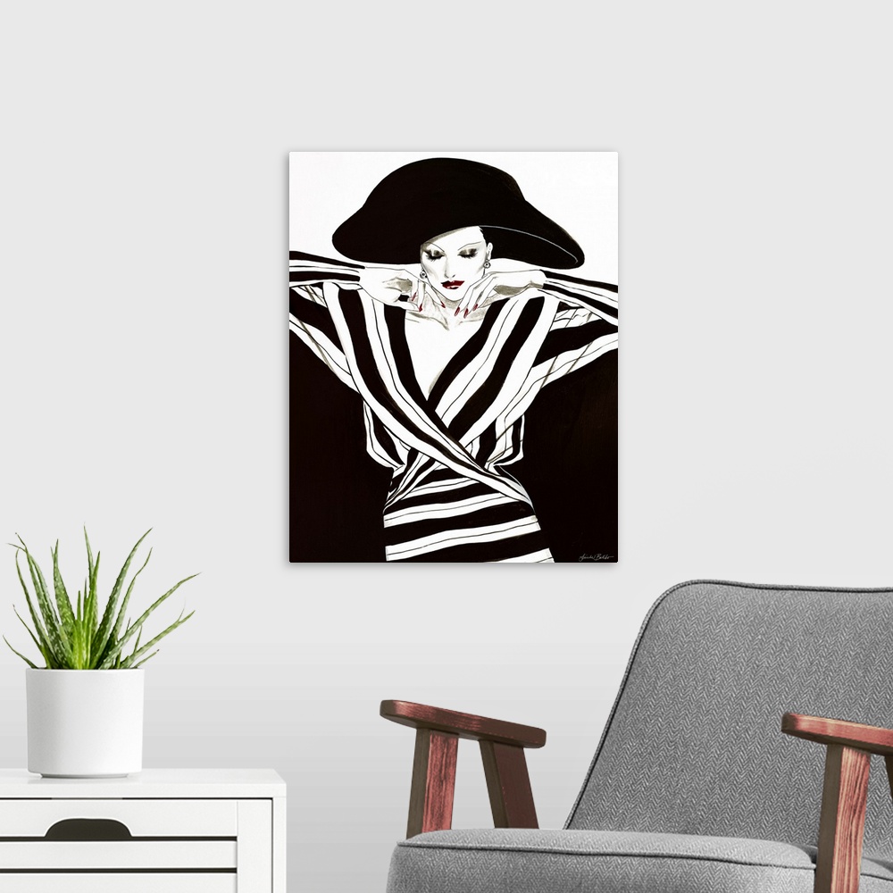 A modern room featuring Fashion artwork of a woman wearing black and stripes and large black hat.