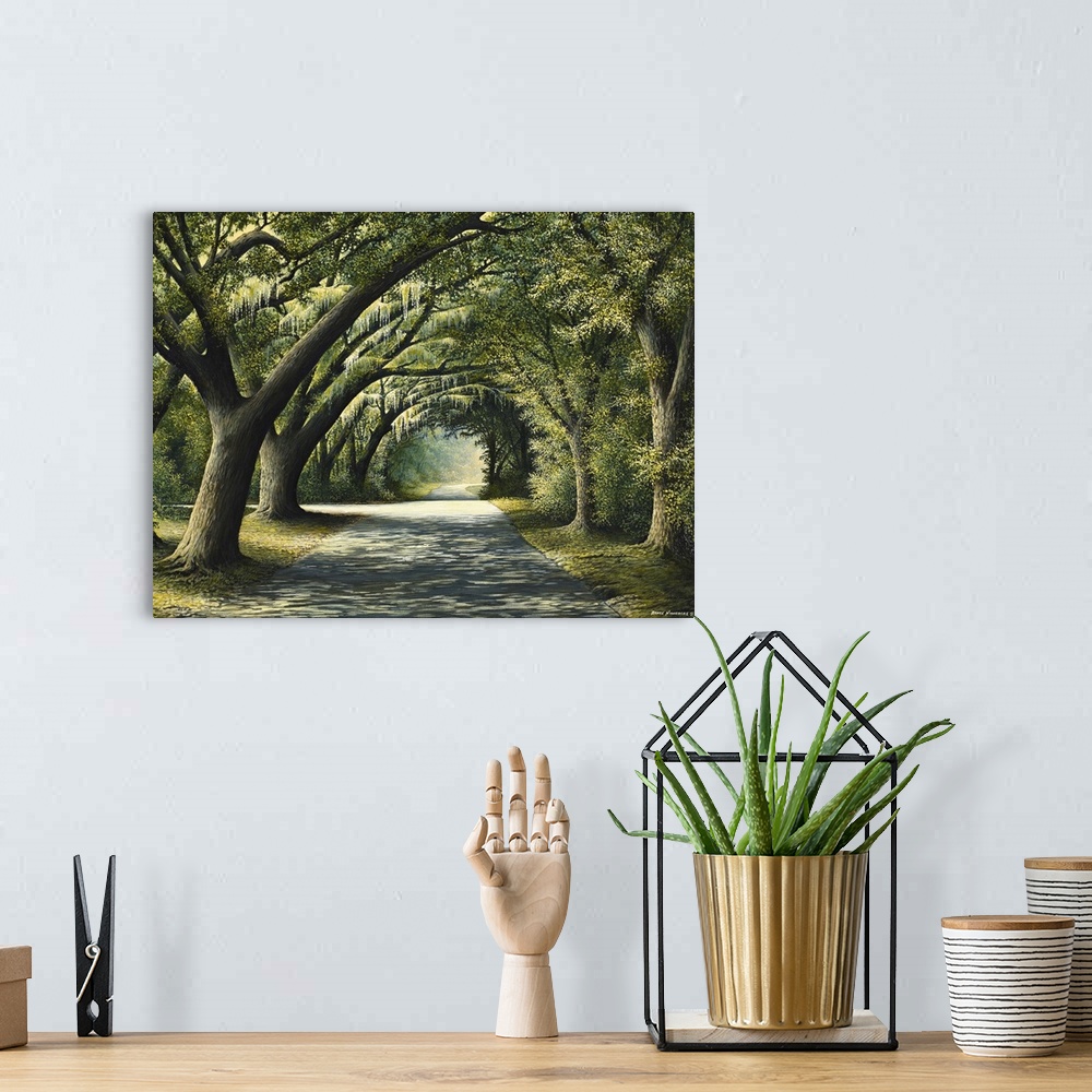 A bohemian room featuring Painting of a shady path through a grove of trees.