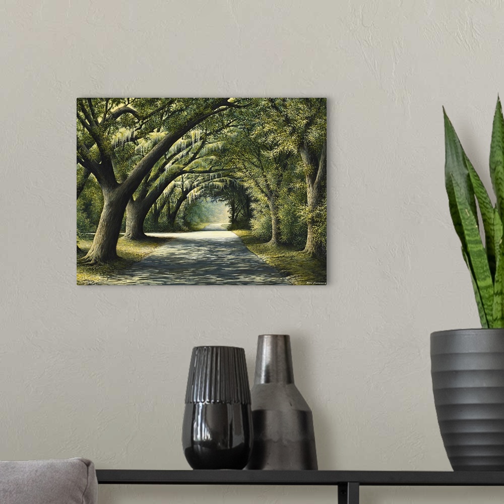 A modern room featuring Painting of a shady path through a grove of trees.