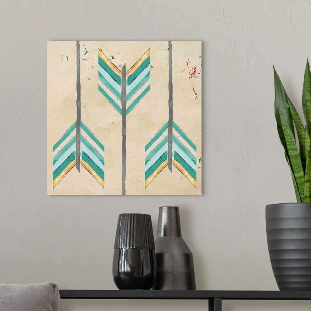 A modern room featuring A painting with three arrow feathers with teal and gold hues on a tan background.