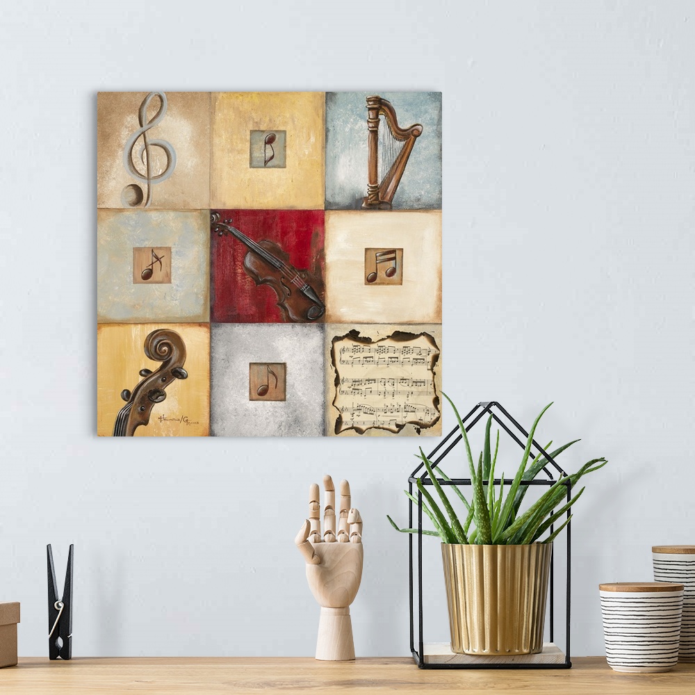 A bohemian room featuring Artwork of nine squares arranged in a 3x3 grid pattern, each with the image of a musical instrume...