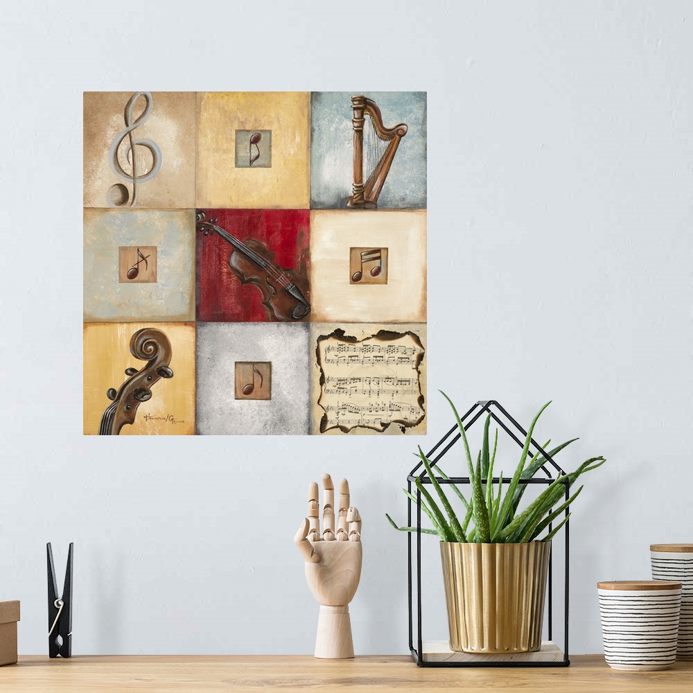 A bohemian room featuring Artwork of nine squares arranged in a 3x3 grid pattern, each with the image of a musical instrume...