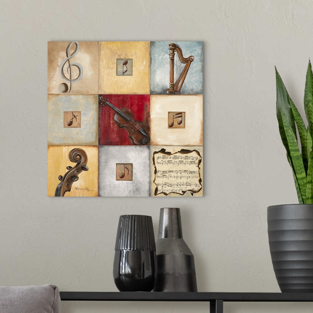 A modern room featuring Artwork of nine squares arranged in a 3x3 grid pattern, each with the image of a musical instrume...