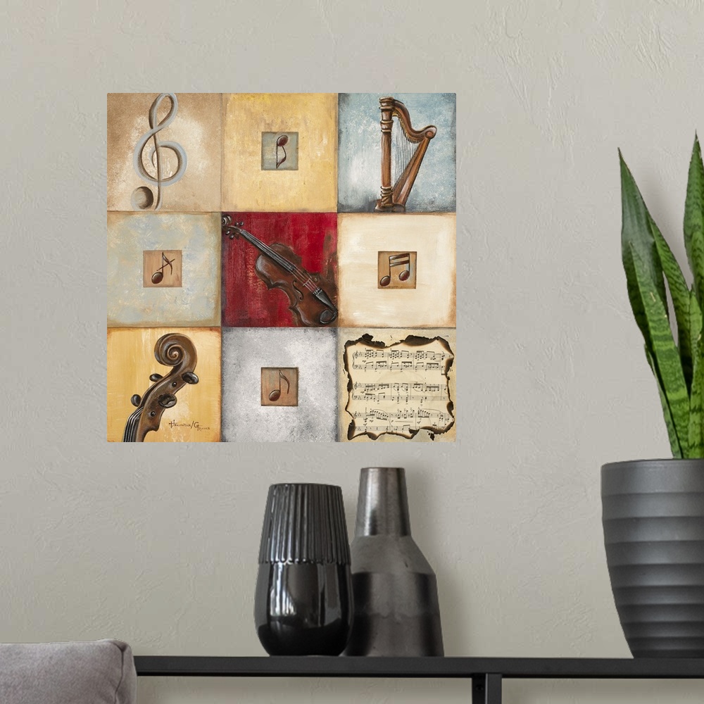 A modern room featuring Artwork of nine squares arranged in a 3x3 grid pattern, each with the image of a musical instrume...