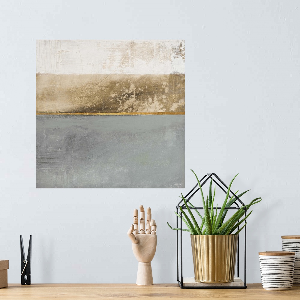 A bohemian room featuring Square abstract painting with three sections of color: dark gray, brown, and white and one thin m...