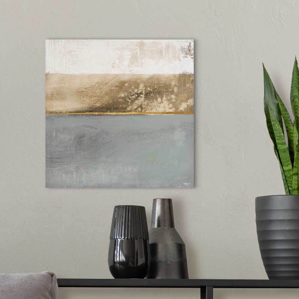 A modern room featuring Square abstract painting with three sections of color: dark gray, brown, and white and one thin m...
