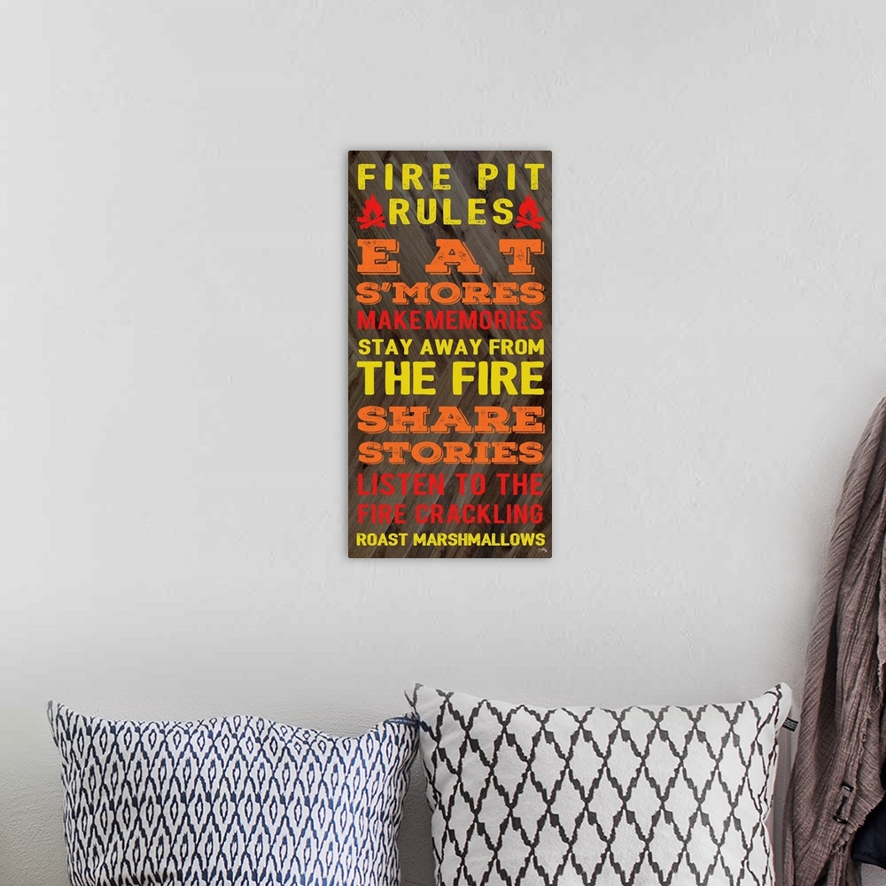 A bohemian room featuring Fire Pit Rules Typography Artwork
