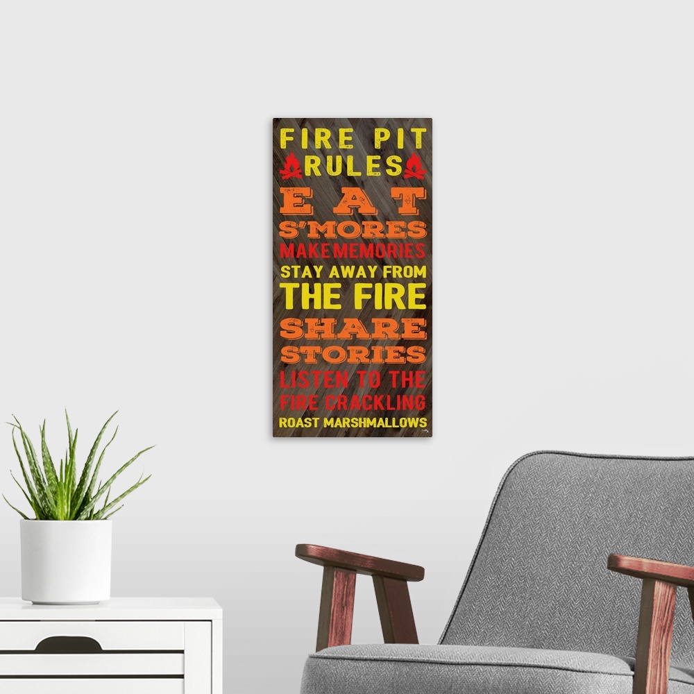 A modern room featuring Fire Pit Rules Typography Artwork