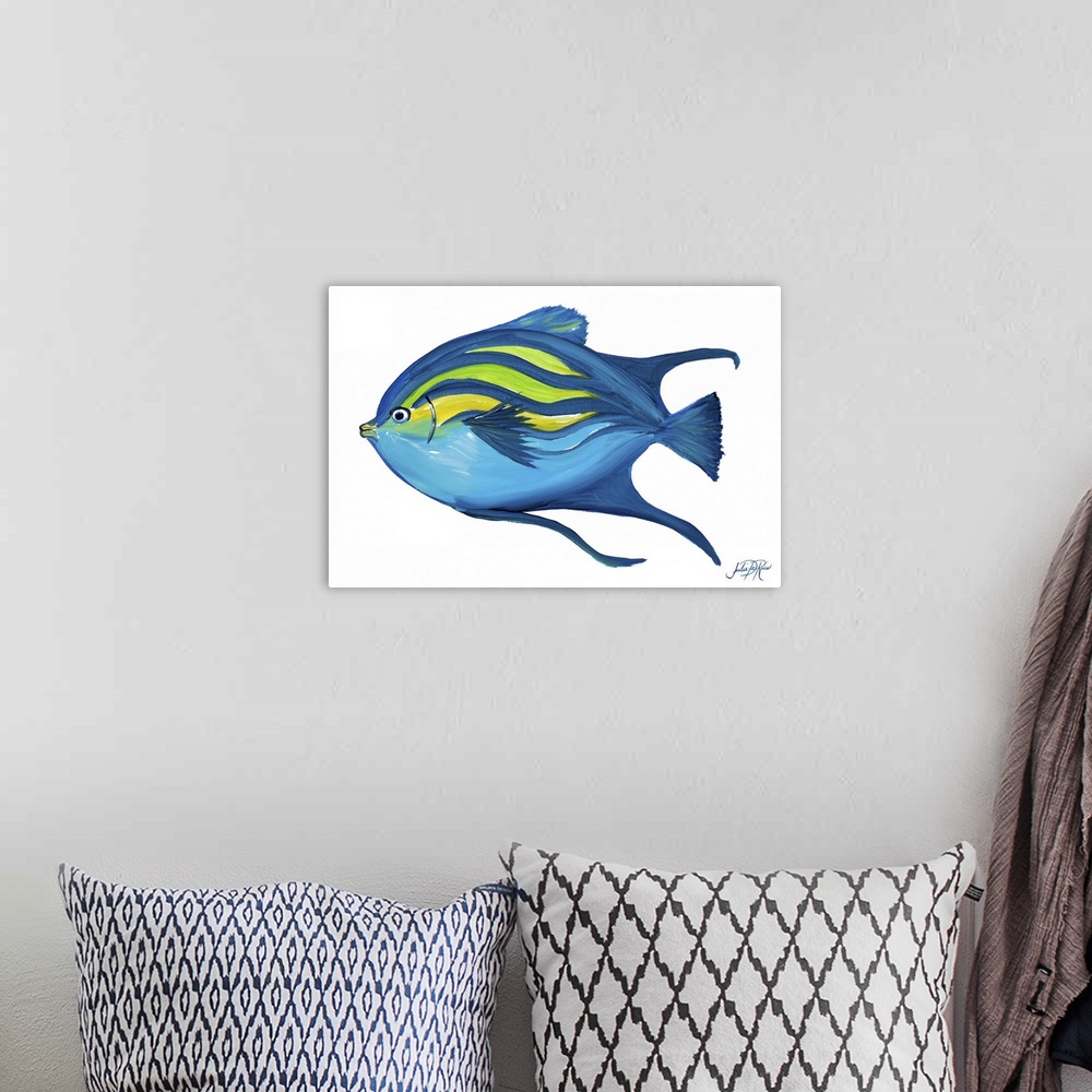 A bohemian room featuring A painting of a blue, green, and yellow fish on a solid white background.