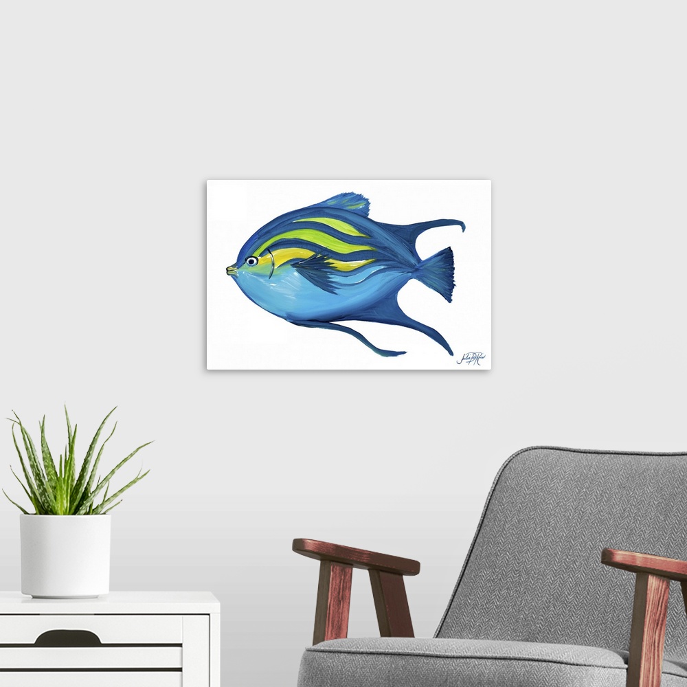 A modern room featuring A painting of a blue, green, and yellow fish on a solid white background.
