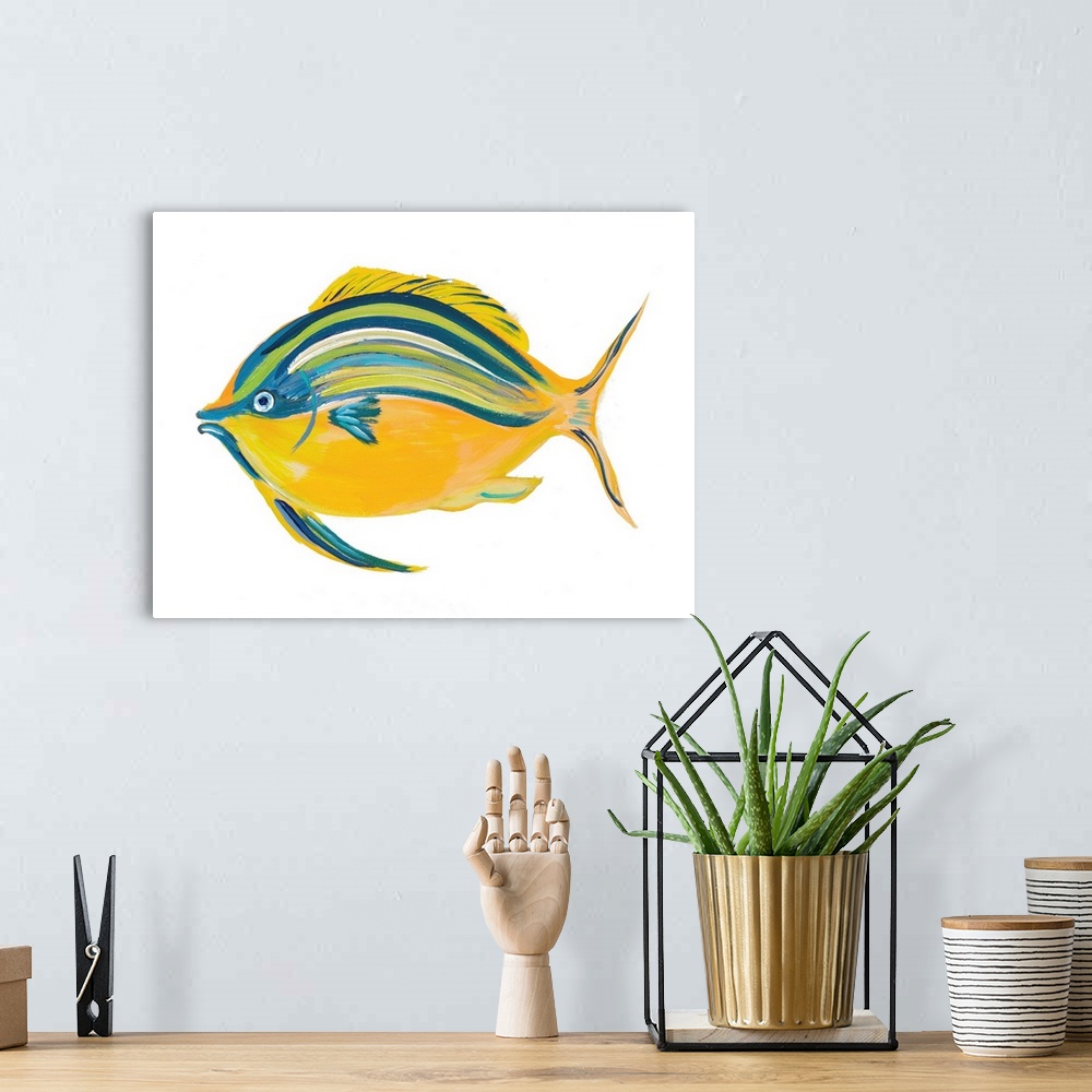 A bohemian room featuring A painting of a yellow, blue, and green fish on a solid white background.