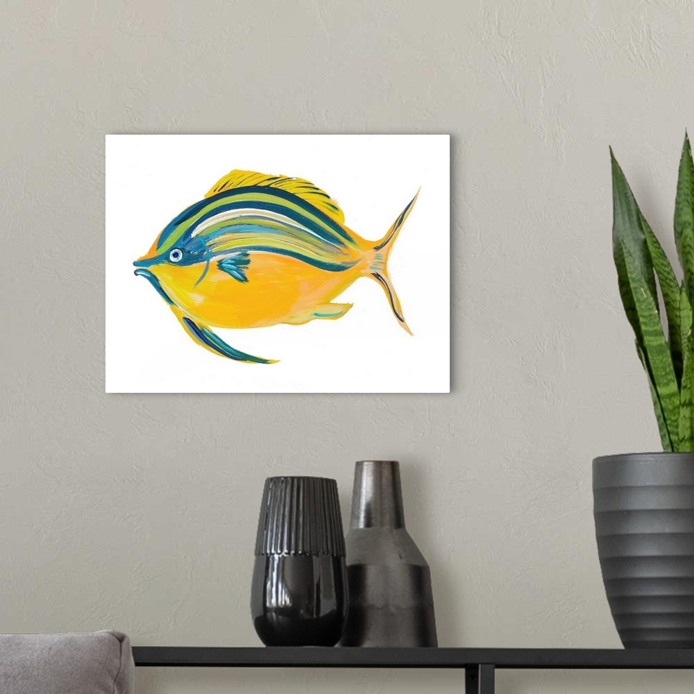 A modern room featuring A painting of a yellow, blue, and green fish on a solid white background.