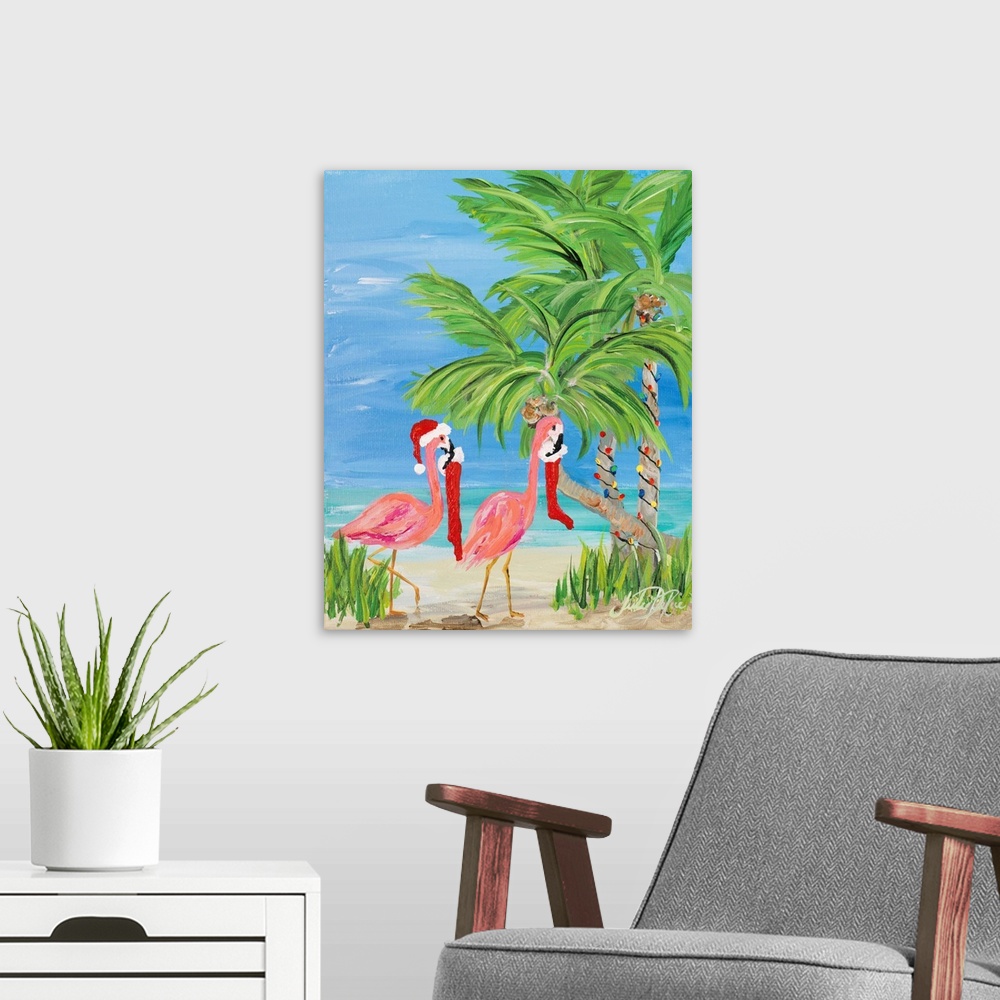 A modern room featuring Fun tropical Christmas themed painting of two pink flamingos carrying stockings in their beaks to...