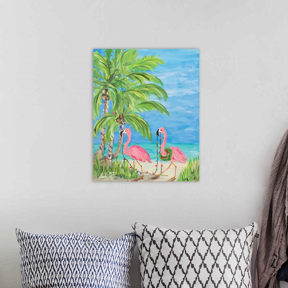 A bohemian room featuring Fun tropical Christmas themed painting of two pink flamingos on a beach stringing palm trees with...