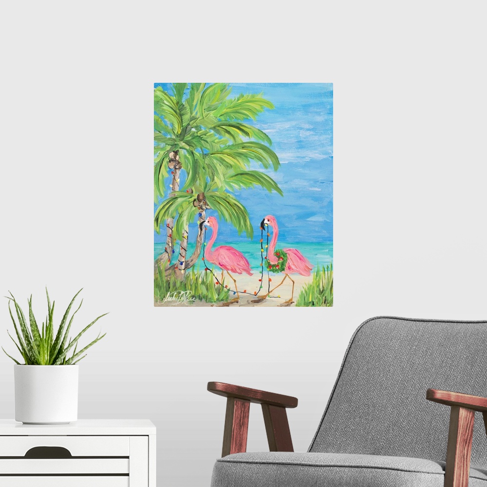 A modern room featuring Fun tropical Christmas themed painting of two pink flamingos on a beach stringing palm trees with...