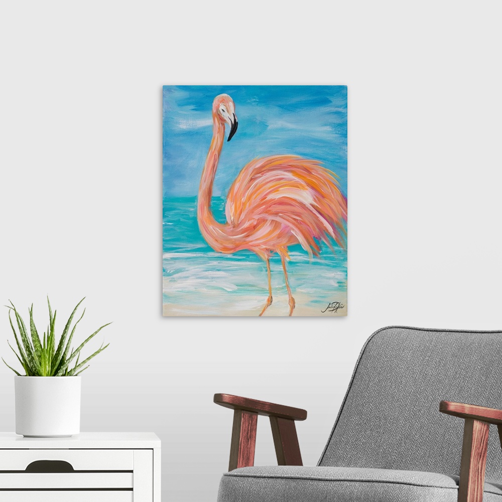 A modern room featuring Flamingo Close up