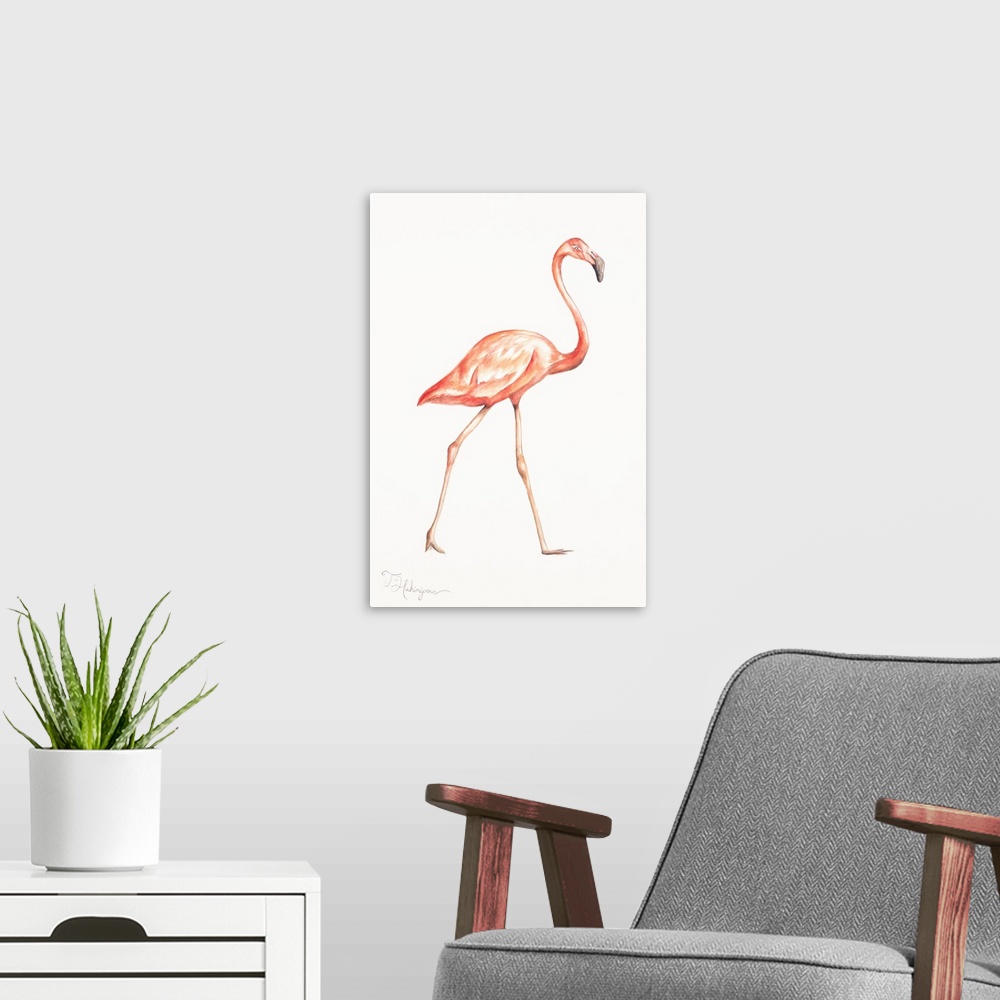 A modern room featuring Illustration of a tall pink flamingo on both feet on a solid white background.