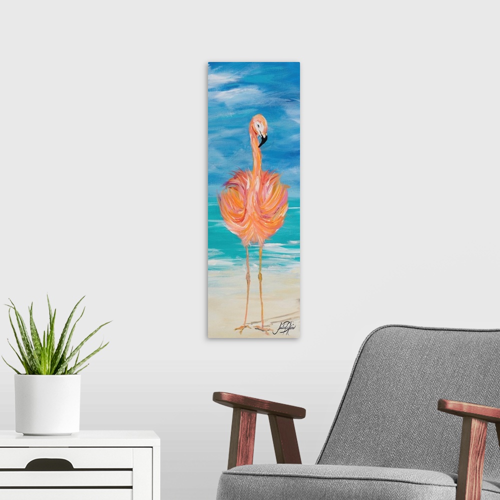 A modern room featuring Contemporary painting of a pink flamingo standing on a beach with the ocean in the background.